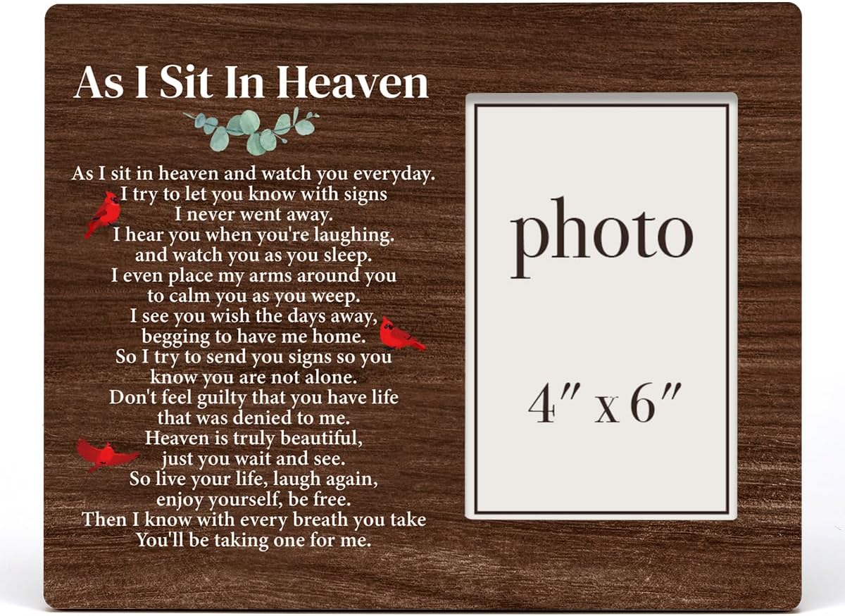 Zauly Sympathy Gift - Wood Picture Frame for Memorials | 4 x 6 Inch Photo, "As I Sit in Heaven" Design