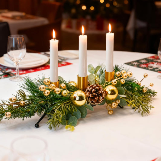 MrMrKura Christmas Tabletop Centerpiece - 3 Candle Holders with Pine Cones & Red Berries | Gold Decor for Dining Room