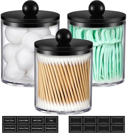 Clear & Black Acrylic Qtip Holder Dispenser Set | 3 Pack Cotton Swab Canisters for Bathroom Storage - Vanity Organizer