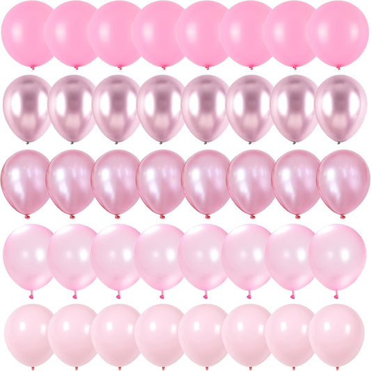 Skiennix Pink Balloons Set - 60 Pack 12 Inch Metallic Chrome & Pearl Shades for Birthday & Baby Shower Decor