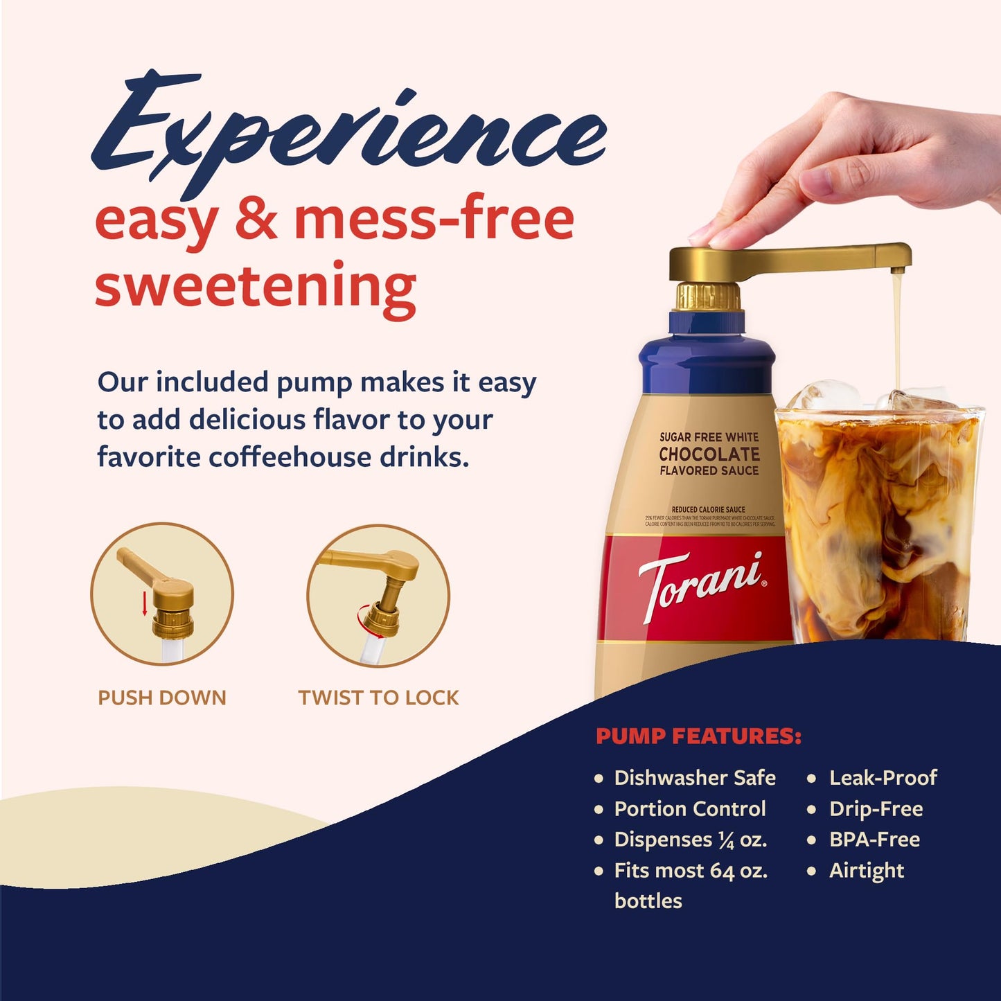 Torani Sugar Free White Chocolate Sauce for Crafting Coffeehouse Drinks, Large Squeeze Bottle with Pump, 64 Fl Oz