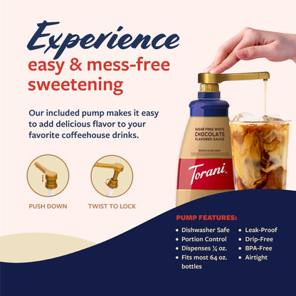 Torani Sugar Free White Chocolate Sauce for Crafting Coffeehouse Drinks, Large Squeeze Bottle with Pump, 64 Fl Oz