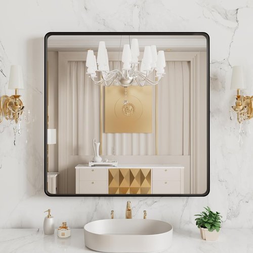 LOAAO Black Metal Framed Bathroom Mirror - 38x38 Inch Rounded Rectangle, Anti-Rust Tempered Glass, Versatile Hanging Options