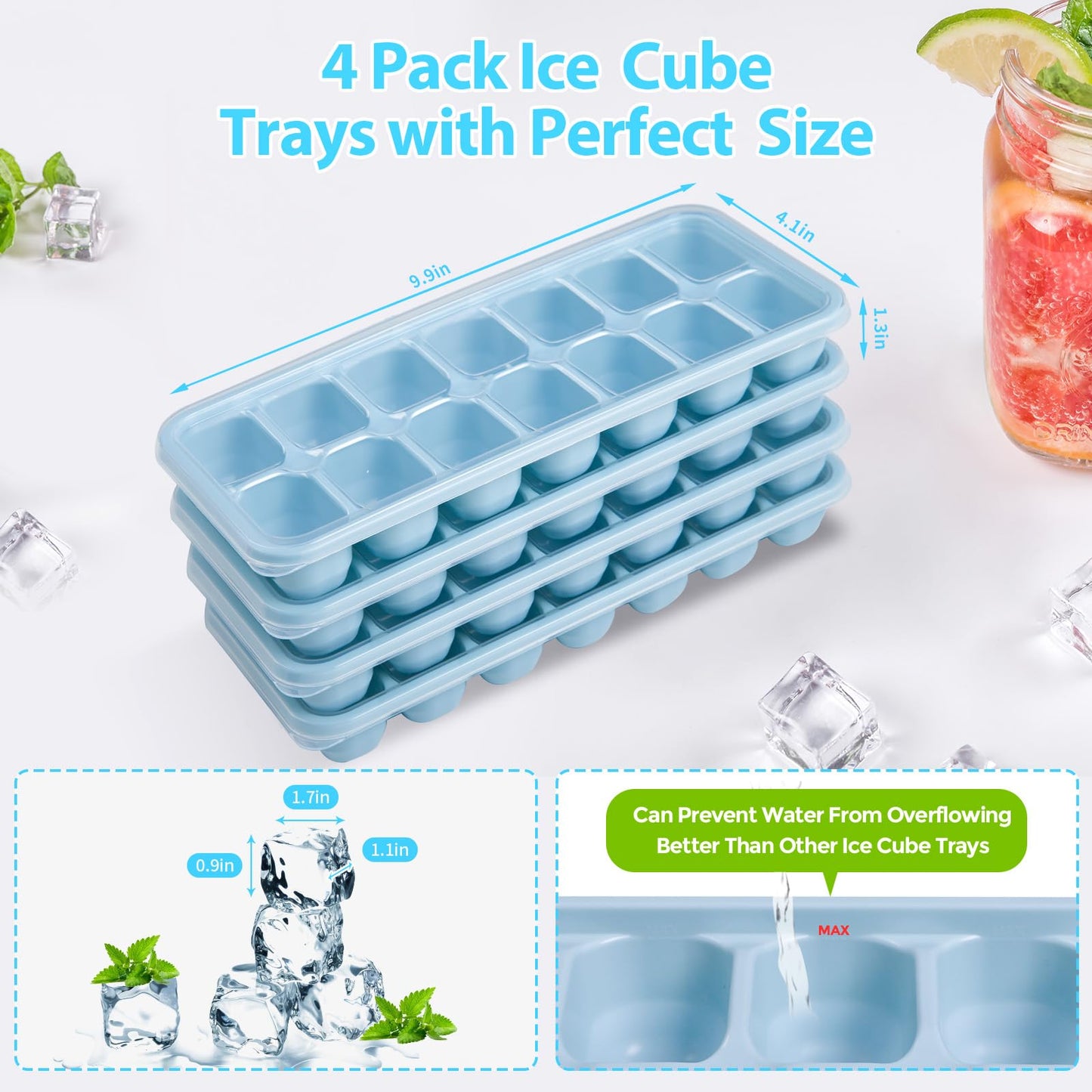 DOQAUS Ice Cube Trays 4 Pack, Easy-Release Silicone and Flexible 14-Ice Cube Trays with Spill-Resistant Removable Lid, LFGB Certified and BPA Free, for Cocktail, Beer, Stackable Flexible Ice Trays