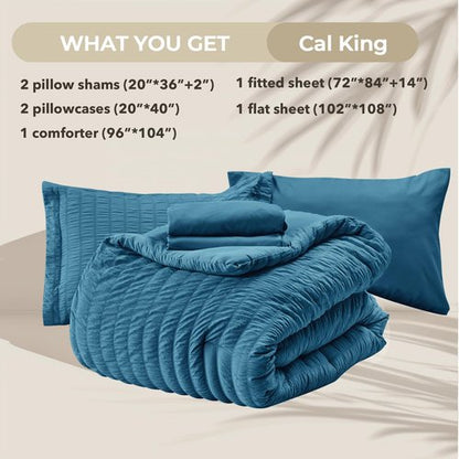 HYMOKEGE Teal California King Comforter Set Seersucker 7 Pieces, All Season Luxury Bed in a Bag for Bedroom, Bedding Set with Comforters, Sheets, Pillowcases & Shams