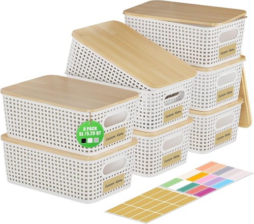 8 Pack Plastic Storage Bins with Bamboo Lids - Stackable Organizer Baskets for Pantry, Office & Nursery