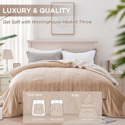 Westinghouse Heated Blanket Twin Size, Soft Flannel to Sherpa Electric Blanket with 10 Heating Levels, 1-12 Hours Auto Shut Off, Fast Heating, Machine Washable, 62x84 Inch, Beige