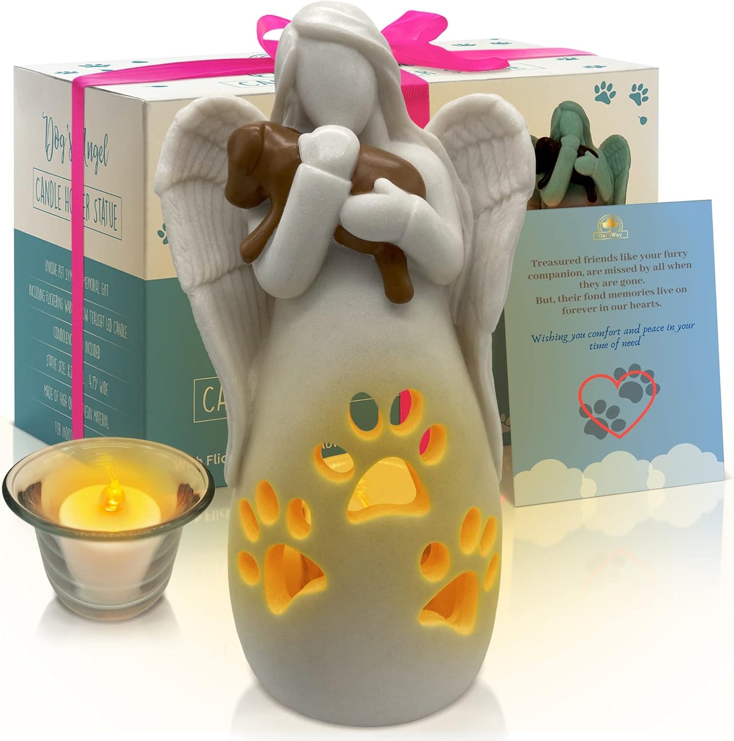 OakiWay Dog Memorial Gifts - Angel Candle Holder Statue with Flickering LED Light | Pet Loss Sympathy Gift for Dog Lovers