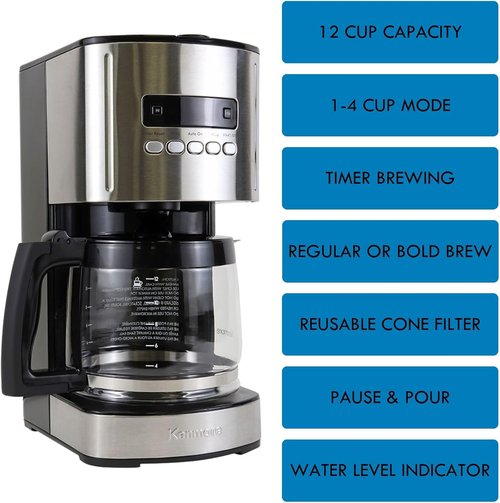 Kenmore 12-Cup Drip Coffee Maker - Programmable Cafe Machine with Auto Shut Off & Reusable Filter | Black