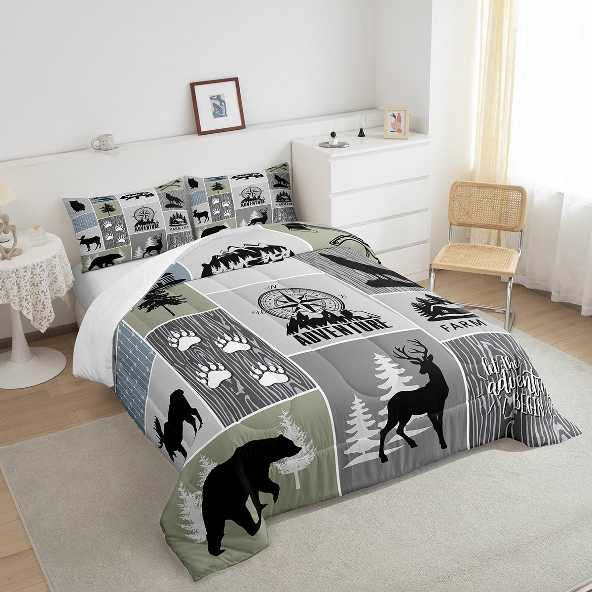 Rustic Farmhouse Cabin Kids Comforter Set Full Size,Deer Bear Hunting Adventure Bedding Set for Boys Girls Adults Room Decor,Geometric Plaids Down Comforter,Gray Green Duvet Insert,2 Pillowcases