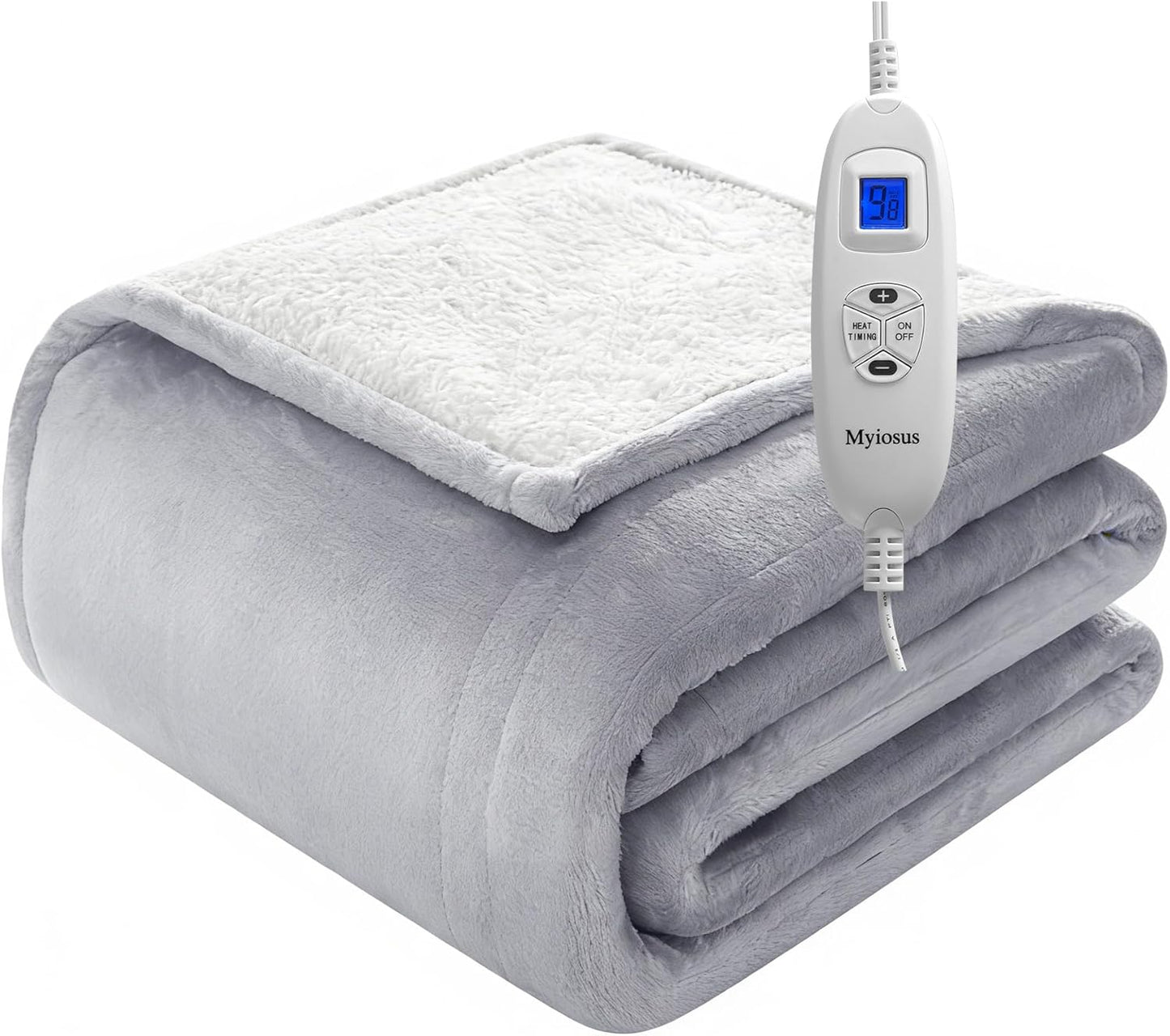 Myiosus Heated Blanket - Fast Heating Electric Throw with 9 Levels & Time Settings | Soft Velvet Sherpa, 50"x60", Grey