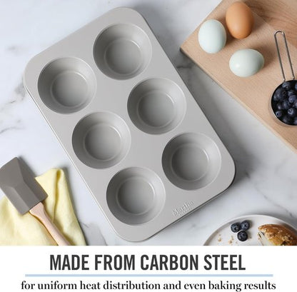 Martha Stewart Gallen 6-Cup Muffin Pan - Nonstick Carbon Steel Bakeware for Easy Release & Even Baking - Cool Grey