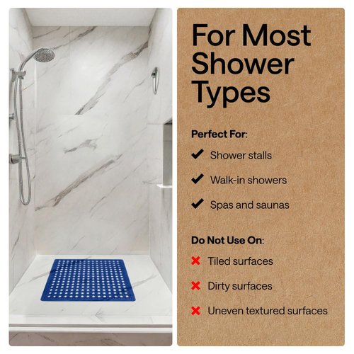 GORILLA GRIP Patented Square Shower Stall Mat, Small Bathtub Floor Mats for Stand Up Showers, Suction Cups, Drain Holes, Machine Wash, Soft on Feet, Bathroom Accessories 21x21 Inch, Royal Blue Opaque