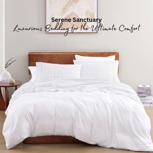Lane Linen 100% Organic Cotton White (Grey Dot) Queen-Sheets Set, 4-Piece Long Staple Percale Weave Ultra Soft Best Bedding Sheets for Bed,Breathable,,Fits Mattress Upto 15inch Deep