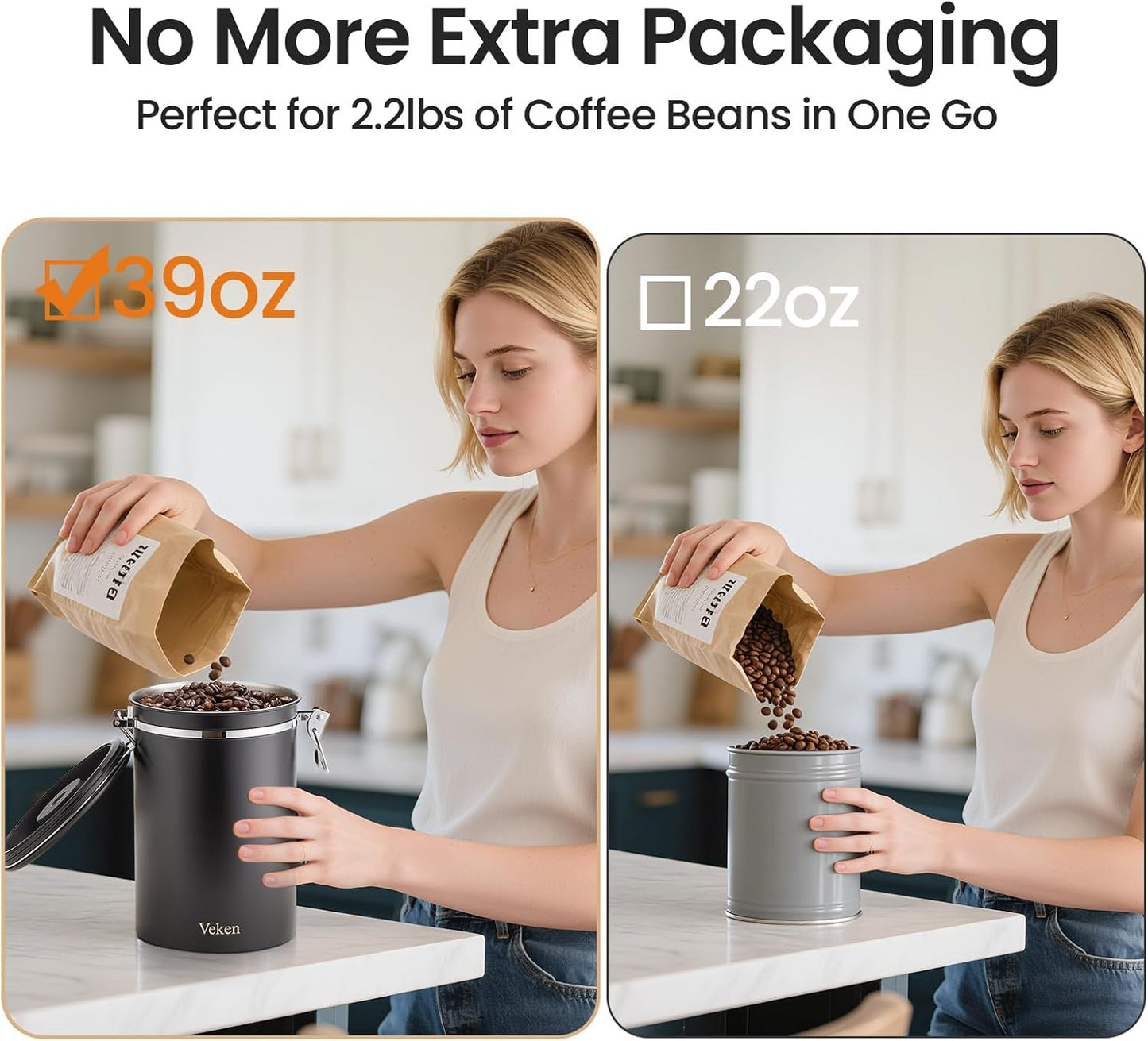 Veken Coffee Canister - Airtight Stainless Steel Food Storage Container | 39oz for 2.2lbs Beans, Sugar, Tea, Black