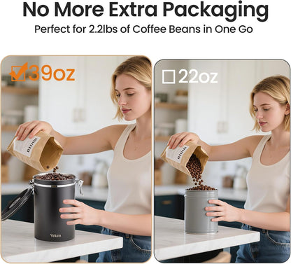 Veken Coffee Canister - Airtight Stainless Steel Food Storage Container | 39oz for 2.2lbs Beans, Sugar, Tea, Black