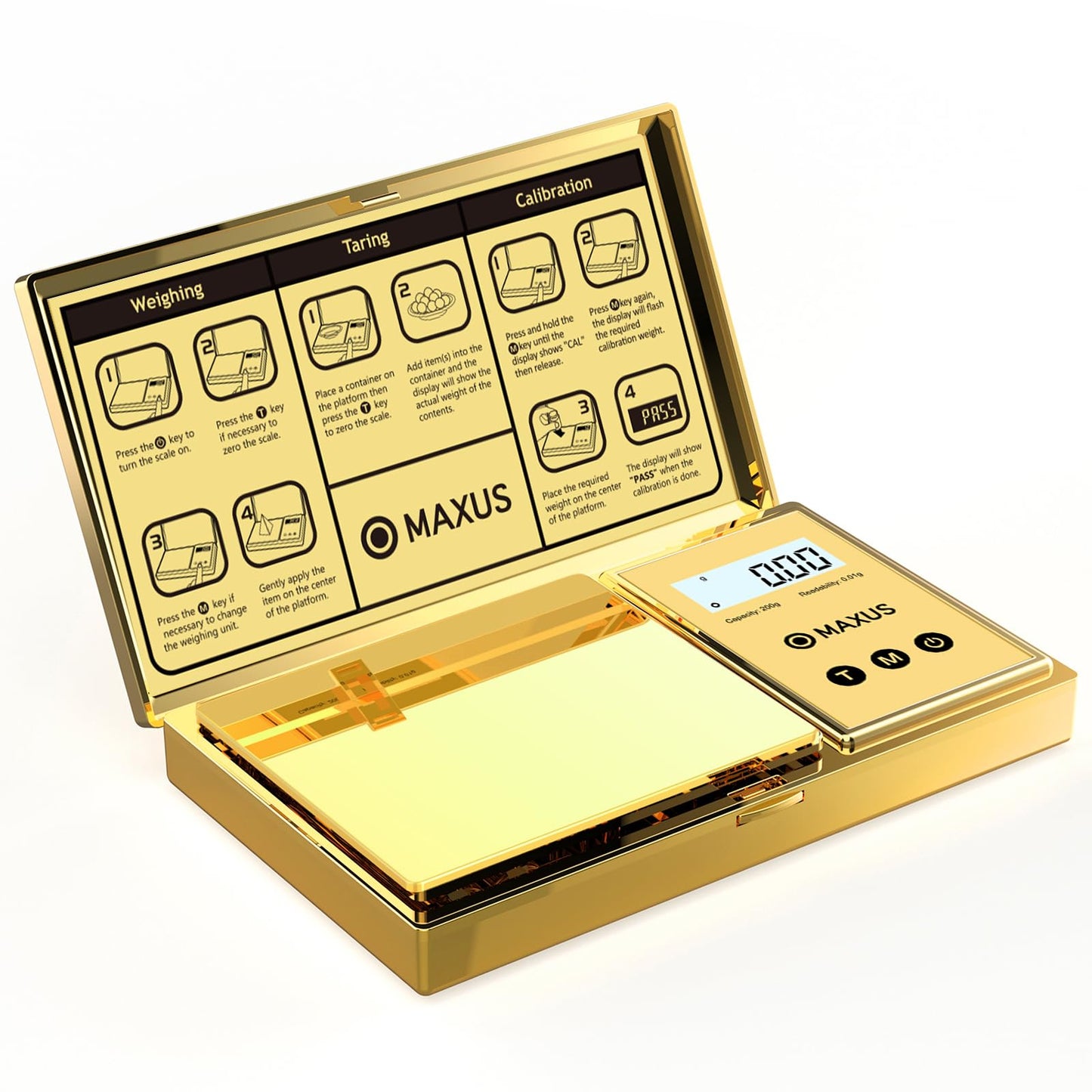 MAXUS Digital Gram Scale with 200g x 0.01g Capacity, Stylish Gold Plated Cover and Platform for Accurate and Precise Weighing of Jewelry, Grains, and Food in Grams and Ounces