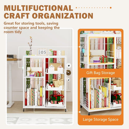 Skiennix Wrapping Paper Organizer - Rolling Gift Wrap Cart with 20 Roll Holders & 3 Drawers, White
