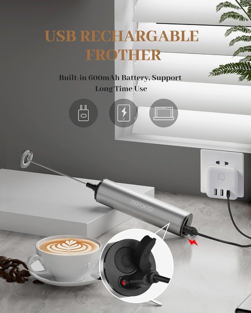 INFOOD Rechargeable Milk Frother - Handheld Coffee Mixer with 2 Detachable Stainless Whisks, Silver