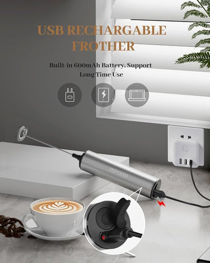 INFOOD Rechargeable Milk Frother - Handheld Coffee Mixer with 2 Detachable Stainless Whisks, Silver