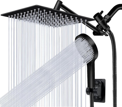 Skiennix 10” Rain Shower Head - High Pressure Handheld Spray Combo with Adjustable Arm | Matte Black Finish
