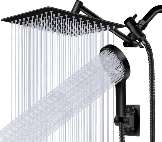 Skiennix 10” Rain Shower Head - High Pressure Handheld Spray Combo with Adjustable Arm | Matte Black Finish