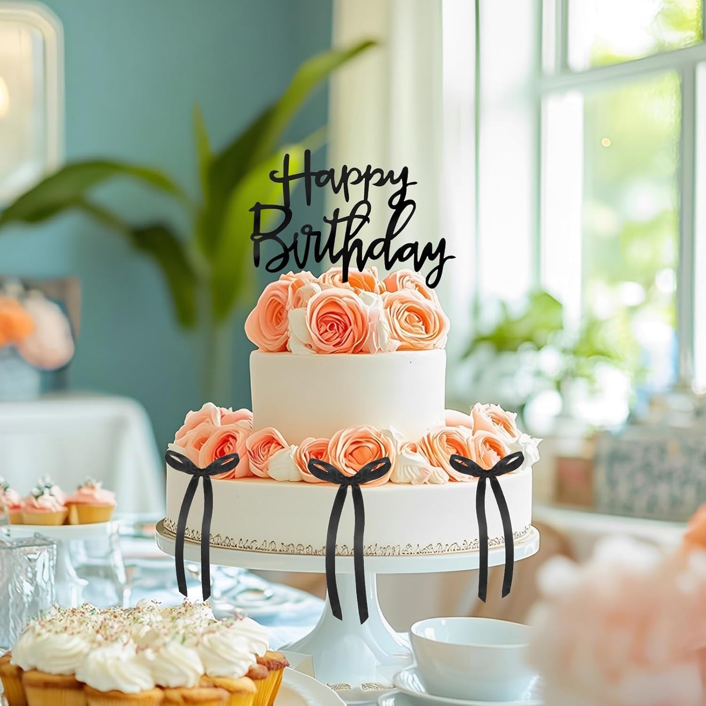 Skiennix 7 Pcs Black Bow Cake Toppers - Elegant Happy Birthday & Wedding Decorations
