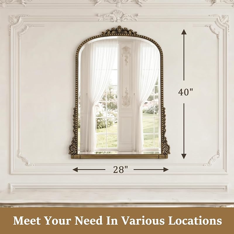 28x40 in Vintage Baroque Wall Mirror with Gold Finish, Arched Frame — Variation: Gold+40"L x 28"W