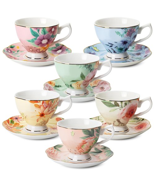 BTaT- Tea Cups and Saucers Set of 6, Tea Set, Floral Tea Cups (8oz), Porcelain Tea Cups for Tea Party, Rose Teacups, China Tea Cups, Tea Cup and Saucer Set, Porcelain Tea Set, (Bone China)