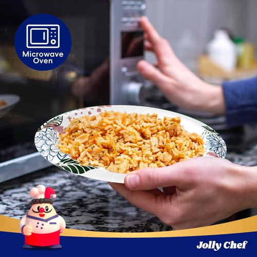 JOLLY CHEF 𝟭𝟰𝟬 𝗖𝗼𝘂𝗻𝘁 𝗣𝗮𝗽𝗲𝗿 𝗣𝗹𝗮𝘁𝗲𝘀 𝟭𝟬 𝗶𝗻𝗰𝗵 Soak Proof, Cut Proof, Heavy Duty Flower Printed Disposable Paper Plates for Everyday Use