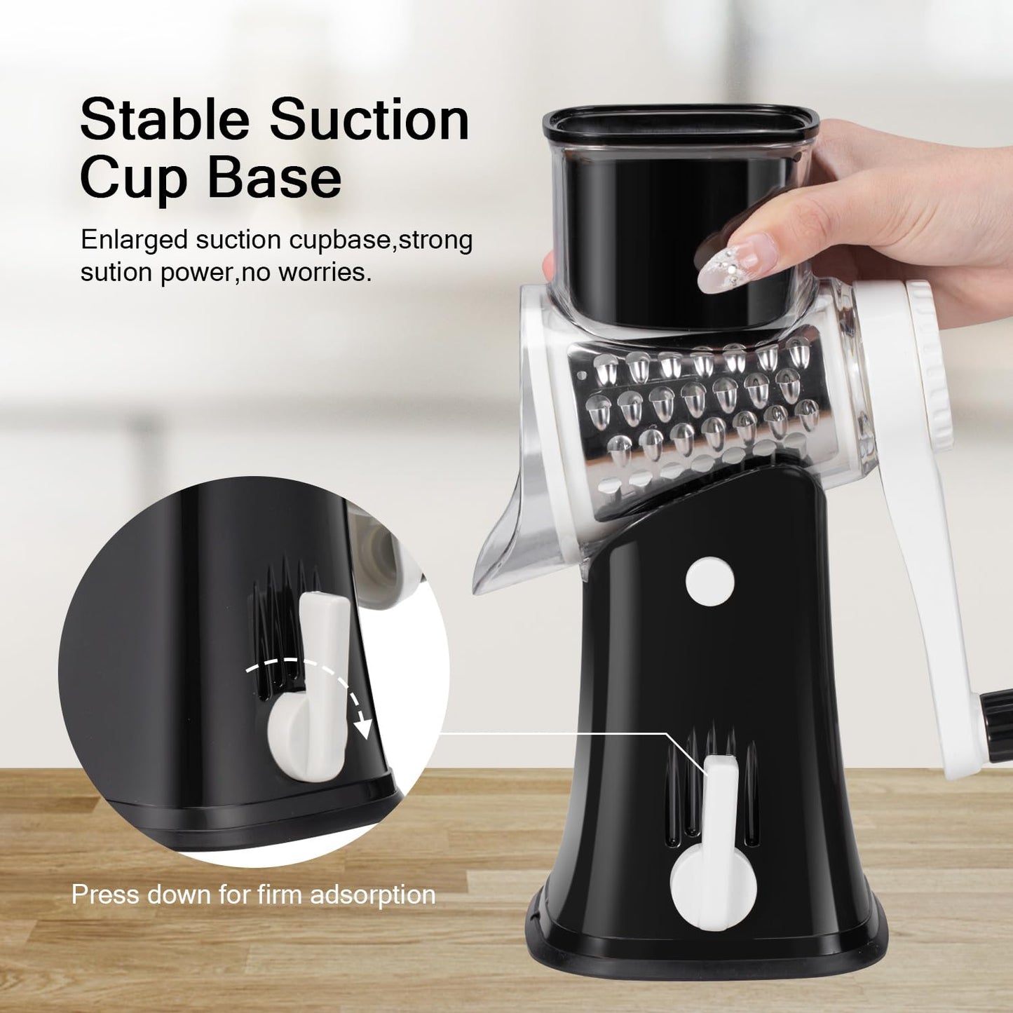 Rotary cheese grater - hand-cranked,5in1 washable & easy to clean - perfect for chefs, cuts cheese, veggies, fruits, nuts, crackers - upgraded model with strong suction-Hand Crank Cheese Grater