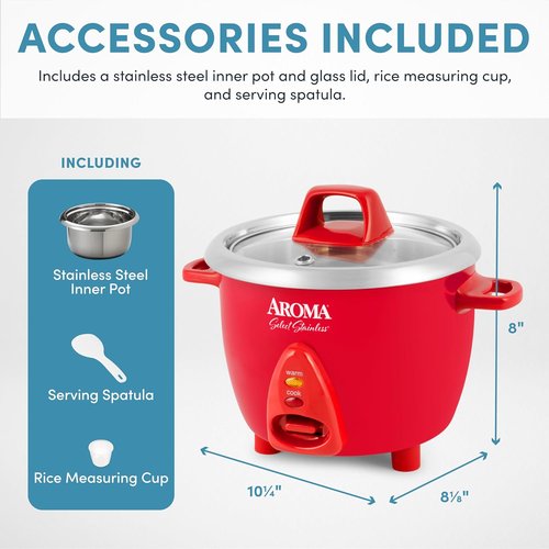 Aroma Housewares 6-Cup Stainless Rice Cooker & Warmer - Uncoated Inner Pot, Red | Model ARC-753SGR