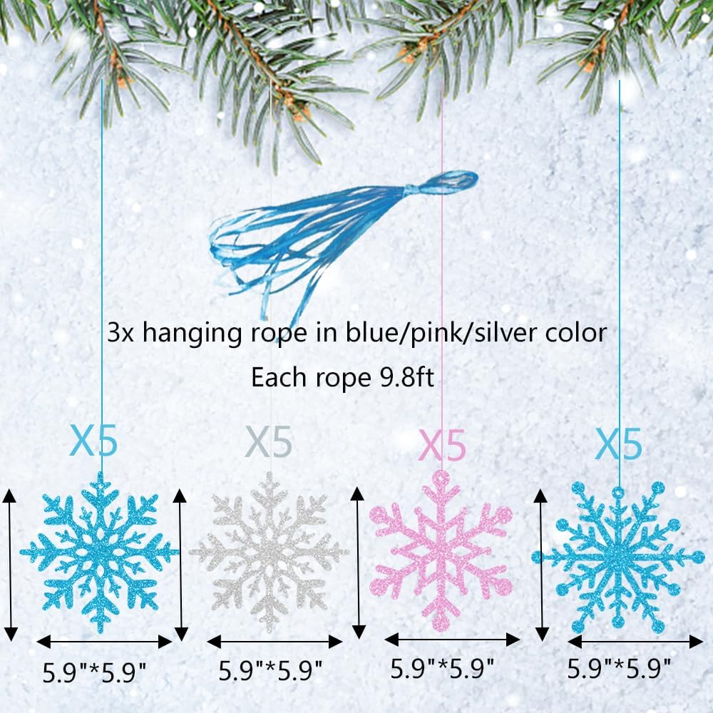 Skiennix Winter Snowflake Ornaments - Sparkly Ceiling Streamers for Holiday Decor | Glitter Pink & Blue