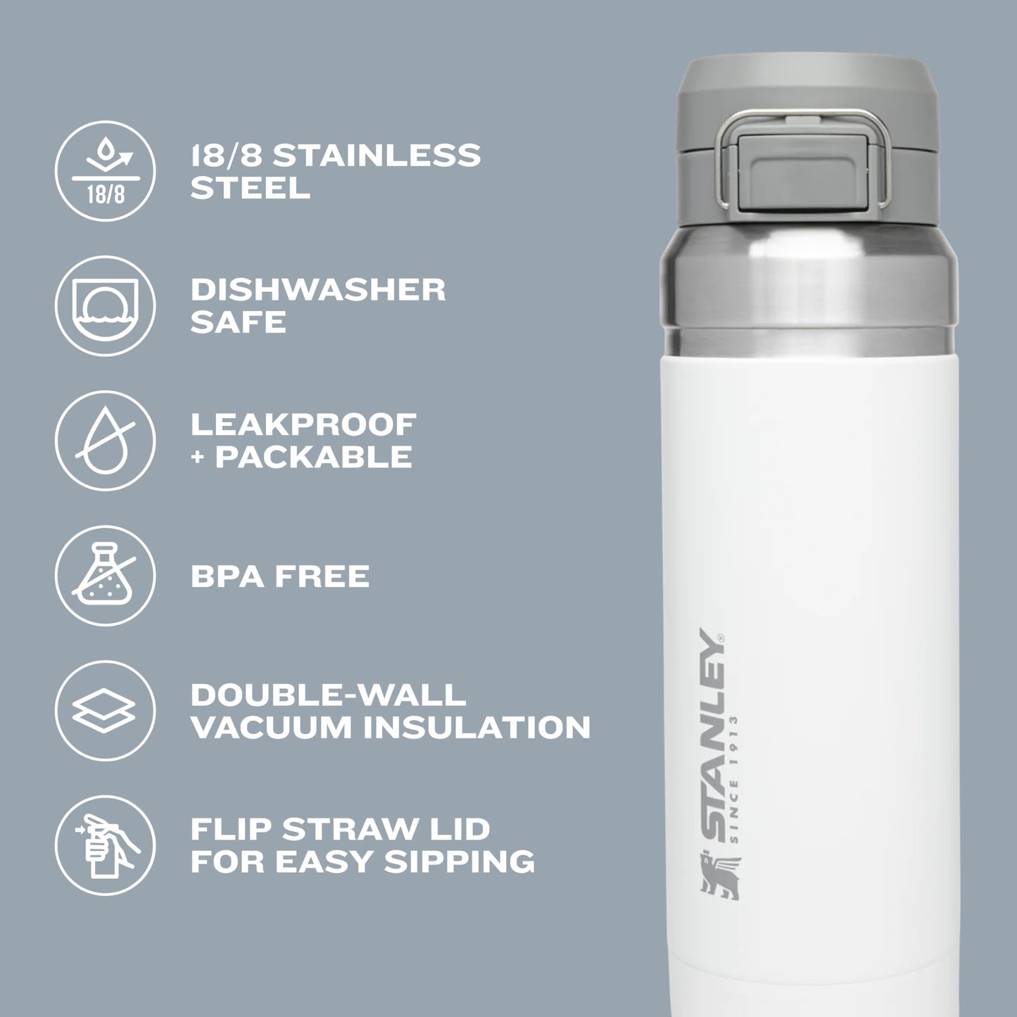Stanley Quick Flip GO Water Bottle 24 oz | Push Button Lid | Leakproof and Packable for Travel and Sports | Insulated Stainless Steel | BPA-Free | Azure