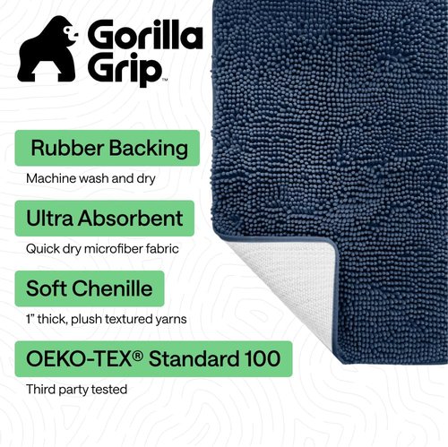 GORILLA GRIP Bath Rug Mat - Soft Absorbent Chenille | Quick Dry Microfiber, 36x24, Navy Blue