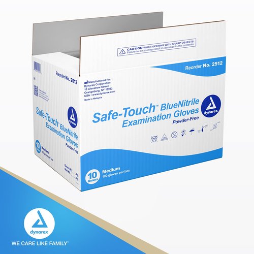 Dynarex Safe-Touch Disposable Nitrile Exam Gloves, Powder-Free, Latex-Free, Touchscreen Friendly, Used by Professionals, Blue, Medium, 1 Case, 10 Boxes of 100 Gloves