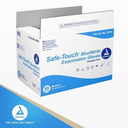 Dynarex Safe-Touch Disposable Nitrile Exam Gloves, Powder-Free, Latex-Free, Touchscreen Friendly, Used by Professionals, Blue, Medium, 1 Case, 10 Boxes of 100 Gloves