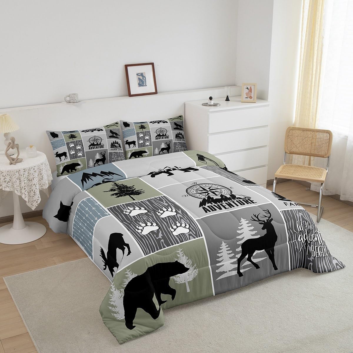 Rustic Farmhouse Cabin Kids Comforter Set Full Size,Deer Bear Hunting Adventure Bedding Set for Boys Girls Adults Room Decor,Geometric Plaids Down Comforter,Gray Green Duvet Insert,2 Pillowcases