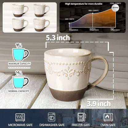 Artena Ceramic Coffee Mugs Set of 4 - 16oz Embossed Latte Cups | Dishwasher & Microwave Safe, White