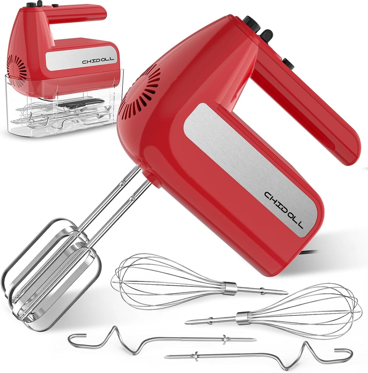 Skiennix 5-Speed Electric Hand Mixer - 800W Handheld Mixer with Turbo & 6 Attachments | Red