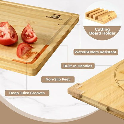 Bamboo Cutting Boards Set of 4 - Non-Slip Charcuterie & Chopping Boards with Holder | Ideal Gift