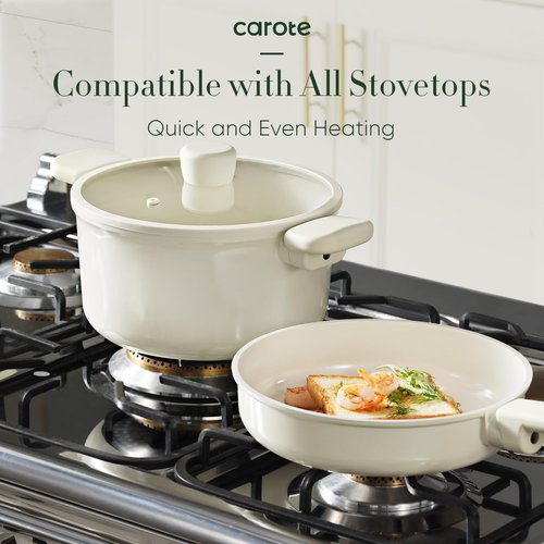 CAROTE 18Pcs Nonstick Ceramic Cookware Set, PFAS/PFOA Free, Cream White Pots and Pans Set Non Stick, Non-toxic Cookware,Kitchen Cooking Pan Set, Large Capacity