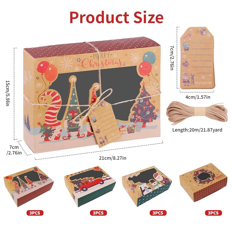 12-Pack Christmas Cookie Boxes with Window, Kraft Treat Tins with Ribbons & Tags