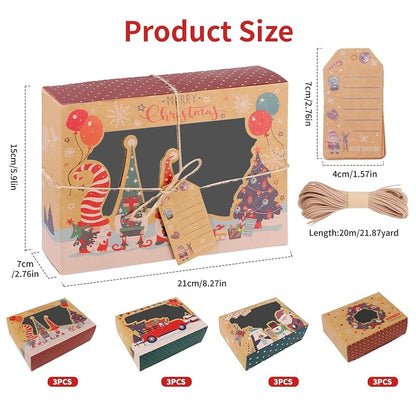 12-Pack Christmas Cookie Boxes with Window, Kraft Treat Tins with Ribbons & Tags