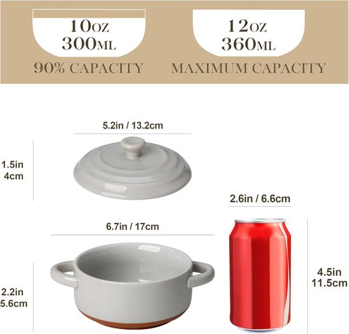 MALACASA Mini Cocotte Set - 12 OZ Ramekins with Lids | Oven-Safe Ceramic Baking Dishes, Set of 4 in Khaki Grey