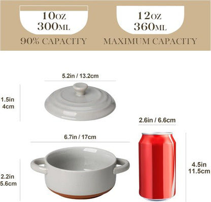 MALACASA Mini Cocotte Set - 12 OZ Ramekins with Lids | Oven-Safe Ceramic Baking Dishes, Set of 4 in Khaki Grey