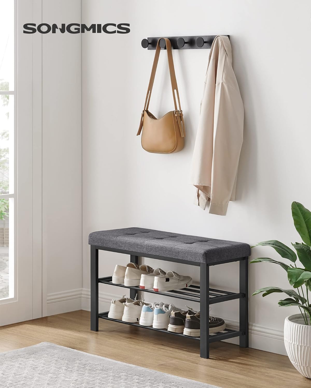 SONGMICS Shoe Bench - Modern Storage Solution with Cushion | Space-Saving Entryway Seat in Dark Gray and Ink Black