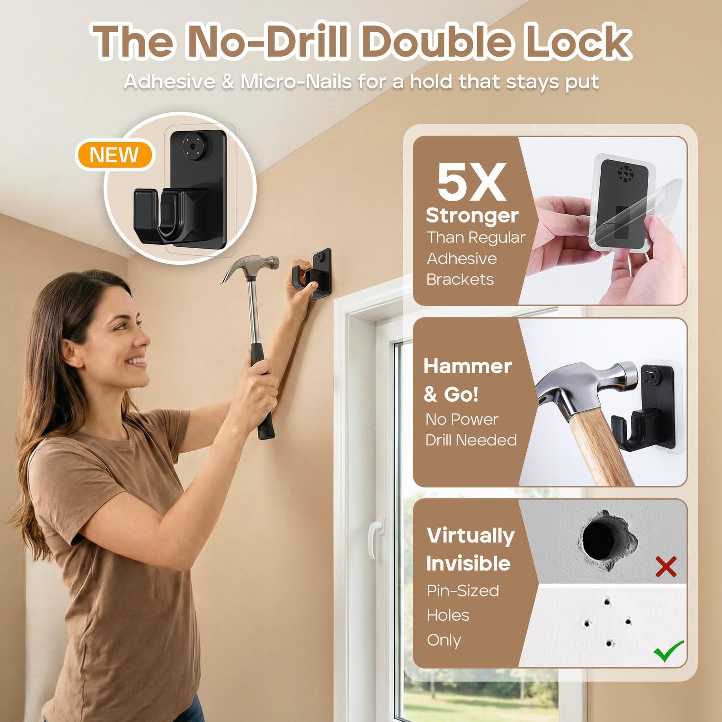 PeSenp No-Drill Curtain Rod with Adhesive & Pin-Nail Mount System - Renter Friendly & Minimal Wall Damage, 5/8" Diameter Black Adjustable Rod for Windows 28 to 48 Inch