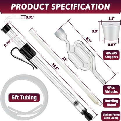LURKA Wine & Mead Making Kit，Siphon Pump with 6 Feet of Tubing, Bottling Wand, Clamp, Bubble Airlock and Drilled Stopper，Wine Making Supplies for Beginners，Wine Wand and Auto Siphon Included