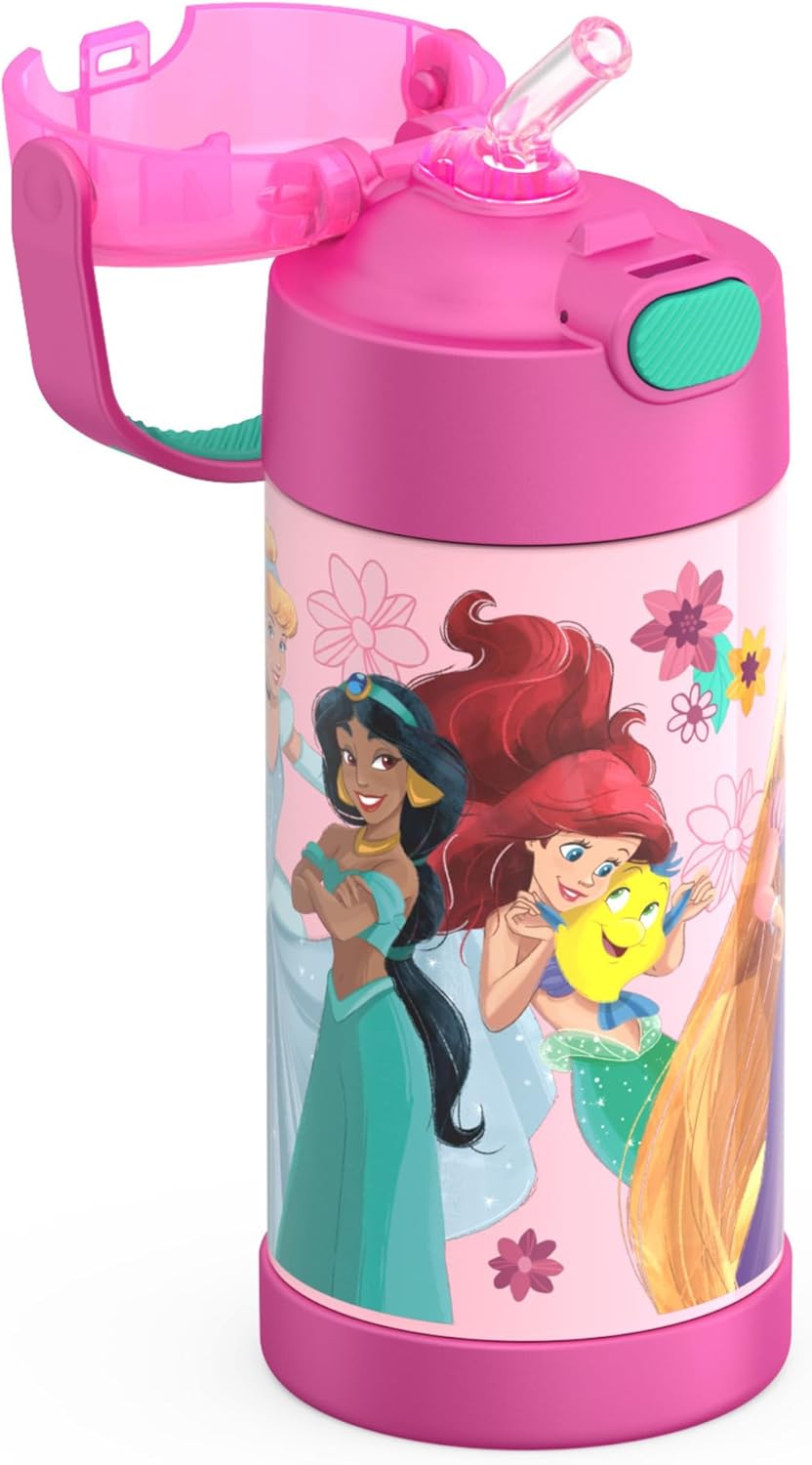 THERMOS FUNTAINER Water Bottle - 12 Ounce Kids Stainless Steel Vacuum Insulated with Straw | Princess Design